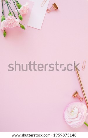 Pink floral flat lay composition, styled stock photo, vertical image for social media, blog with flowers and golden office supplies.