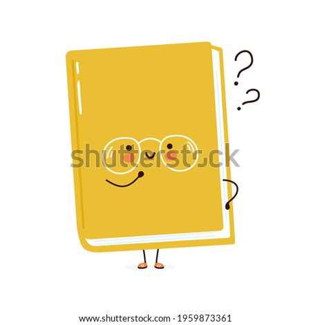 Cute funny book character with question marks.Vector hand drawn cartoon kawaii character simple illustration icon.Isolated on white background. Book think,literature childish cartoon character concept