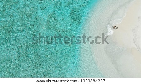 Drone photo of couple holding hands walking on breathtaking sandbank with fine sand and turquoise water. Aerial picture of guy on tropical beach, Maldives, Indian Ocean.
