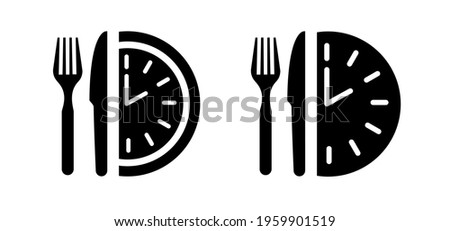 Dinner time, clock. Plate, fork, knife icon. Food symbol for bar, cafe, hotel concept. Eating icon in black. Ready to eat healthy food. Vector logo sign for dinner, breakfast, lunch meal menu service Royalty-Free Stock Photo #1959901519