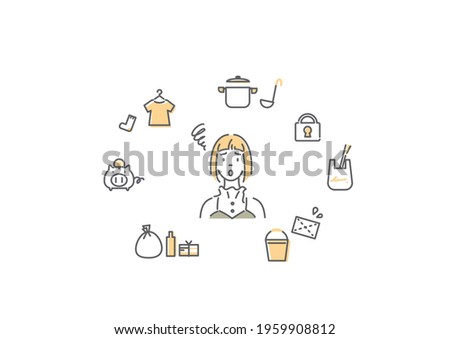young woman living alone, housework, simple line art, bicolor