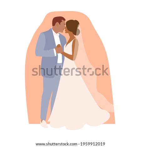 Attractive newlyweds dancing their first dance. The bride in a beautiful wedding dress and the groom in a blue suit look at each other and want to kiss. Vector flat illustration