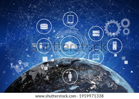 Data Management Platform concept. Infographic of technology icons with globe connect