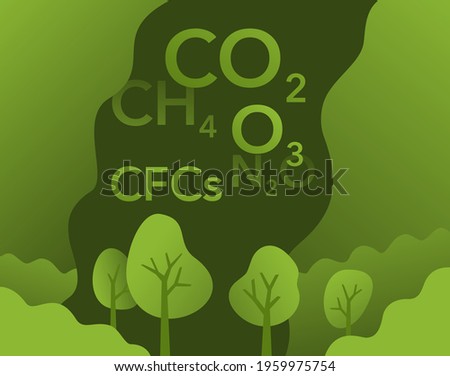 Greenhouse gases poster - carbon dioxid, methane, nitrous oxide and ozone. Vector illustration