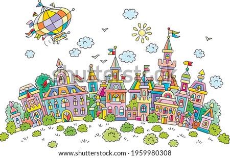 Airship flying over pretty colorful houses, castles, palaces and towers of an old small town from a fairytale on a sunny summer day, vector cartoon illustration isolated on white