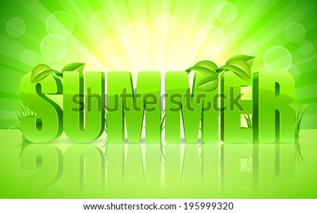 Green Summer word with fresh leaves and grass on bright background.