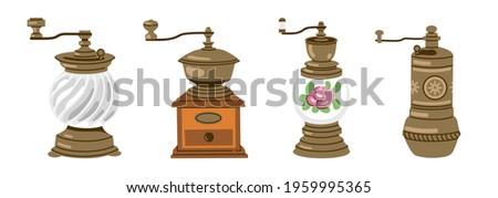 Set of vintage retro coffee grinders and pepper mills. Classic old-fashioned burr mills for seasoning, spices, coffee beans. Hand-drawn vector illustration, isolated on white background.