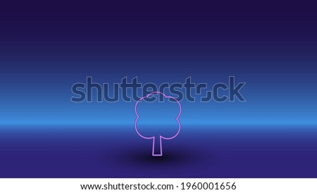 Neon tree symbol on a gradient blue background. The isolated symbol is located in the bottom center. Gradient blue with light blue skyline