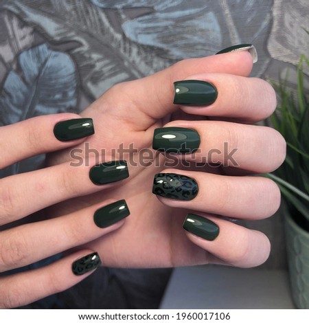 Hands of a woman with green manicure on nails.Manicure beauty salon concept. Empty place for text or logo.