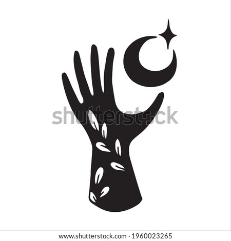 vector drawing in the style of doodle. hand moon and star, mystical symbol, celestial bodies, witchcraft, esotericism. black and white sketch in vintage style