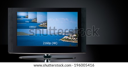 4K television display with comparison of resolutions. Ultra HD on on modern TV Royalty-Free Stock Photo #196005416