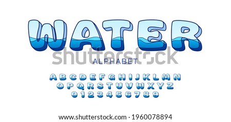 Cartoon water font with dark outline and flat blue waves, funny blue alphabet with outline comic letters and numbers set.