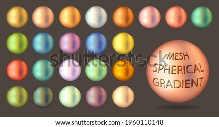 Gradient mesh in form of sphere. Spherical gradient mesh.
Metallic colored blanks for designers. Multicolored round gradients. 
Set of colors for working with volumetric shapes. 3d balls. Realistic Royalty-Free Stock Photo #1960110148