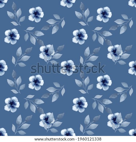 Pattern. Blue flowers and leaves are hand-drawn. Isolated on white background. For party and wedding invitations, greeting cards, birthday projects, flyers, brochures, covers, presentations.