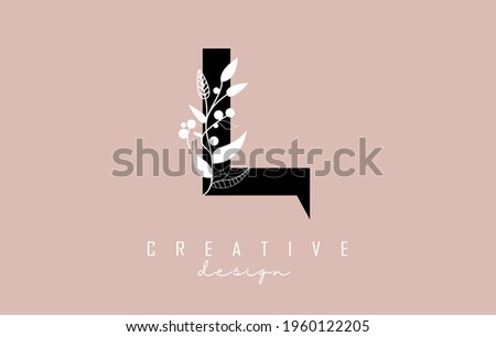 L Black Letter Logo with white leaves, leaf, branch design. Creative, elegant vector illustration with letter L and white leaf for beauty, fashion, jewelry, luxury, natural products or eco services.