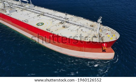 Aerial drone photo of crude oil - chemical tanker ship cruising Mediterranean deep blue sea