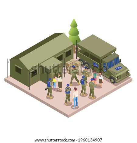 UN peacekeepers assist refugee camps with security measures vital goods supply humanitarian aid isometric composition vector illustration