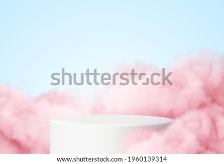 Blue background with a product podium surrounded by pink clouds. Smoke, fog, steam background. Vector illustration EPS10 Royalty-Free Stock Photo #1960139314