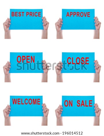 Two hands holding blue paper with word on white background