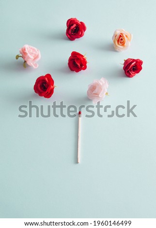 Safety match and colorful roses against pastel blue background. Creative idea, spring awakening, activation.