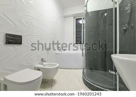 Modern luxury white and chrome bathroom with toilet seat, bidet, sink and walk-in shower cabin