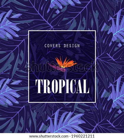 Four vertical vector banner with realistic detailed tropical leaves and Strelitzia flower. Card template design. covers book design, poster, natural illustration.