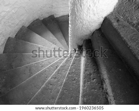Black and white high angle view of a staircase.