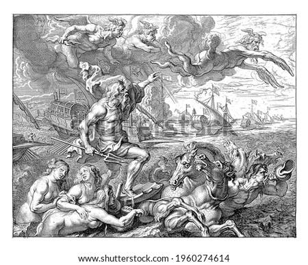 Ferdinand's journey by sea from Barcelona to Genoa in Italy.In the foreground, Neptune in his chariot with sea nymphs,chasing the northern wind away Boreas. The left presentation on the welcome stage