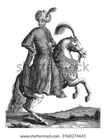 Portrait of Mehmet IV, Sultan of the Ottoman Empire, on horseback with one hand on his hips and a turban on his head. At the bottom in the margin are name and position in Dutch. Royalty-Free Stock Photo #1960274641