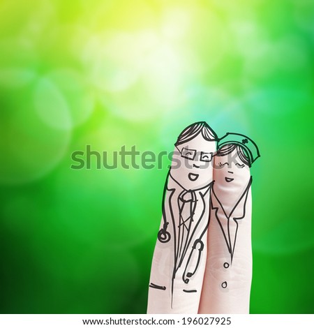 lovely couple hand drawn and finger,doctor and nurse with green nature background as concept