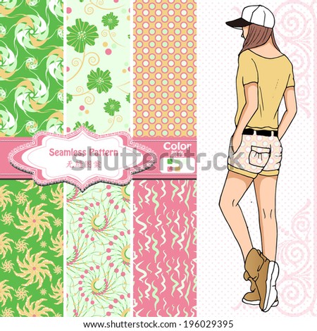 Seamless wallpaper ,wrapper ,fabric pattern design,nice fashion girl design .The chinese words meaning same as english words. 