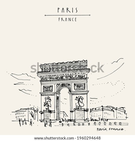 Paris, France. Vector Arc de Triomphe (Triumphal Arc) in French capital. Hand drawing in retro style. Artistic travel sketch. Vintage hand drawn touristic postcard, poster or book illustration Royalty-Free Stock Photo #1960294648