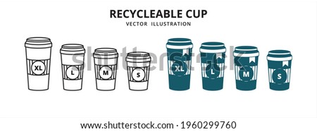 various size of disposable paper coffee cup with lid vector logo illustration design template set