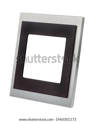 Vertical standing empty square aluminium photo frame with wide brown border isolated on white background