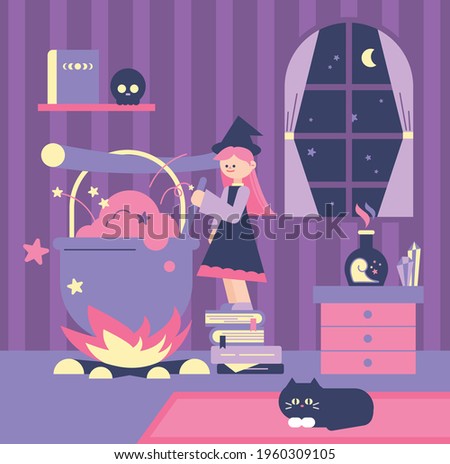 A cute witch is making a potion in a huge pot. flat design style minimal vector illustration.