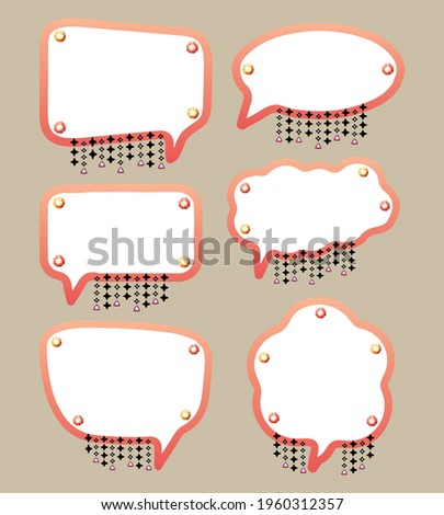 Peachy coral chat labels. Set of 6 bubble clouds. Blank vector frames. Comic callout stickers. Message bubbles collection. Vector pattern design for kids illustration and children books. Web element.