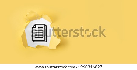 Torn yellow paper with document on white background.Document Management Data System Business Internet Technology Concept. Corporate data management system DMS.