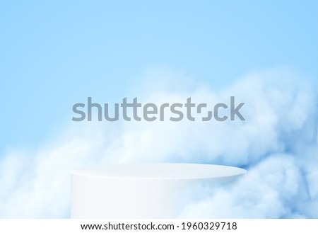 Blue background with a product podium surrounded by blue clouds. Smoke, fog, steam background. Vector illustration EPS10 Royalty-Free Stock Photo #1960329718