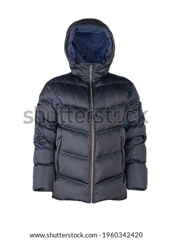 mens dark blue down down  jacket with hood  isolated on white background. fashionable clothes for every day