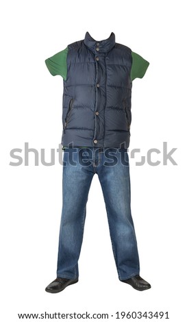 dark blue sleeveless jacket,dark blue jeans, dark green t-shirt with collar on buttons  and black leather shoes isolated on white background 