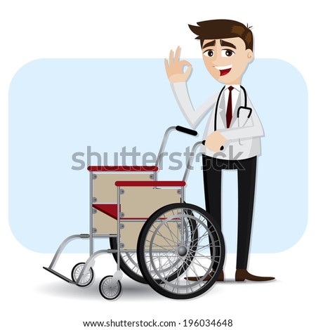 illustration of cartoon doctor with wheelchair in healthcare concept
