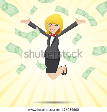 illustration of cartoon happy businesswoman jumping with money cash in financial concept