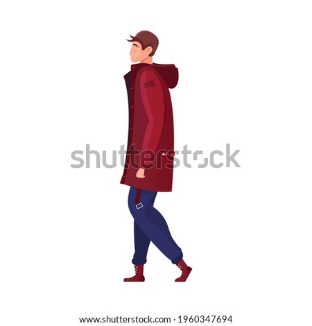 Christmas flat composition with isolated human character of man wearing winter jacket on blank background vector illustration