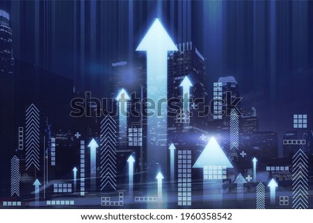Neon light bars headed up with a night city skyscrapers in the background, improvement and financial success concept, double exposure Royalty-Free Stock Photo #1960358542