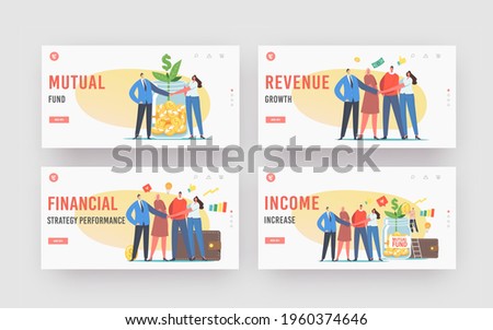 Income Increase, Mutual Fund Landing Page Template Set. Office Colleagues Characters Join Hands, Tiny Businessman Put Gold Coin in Huge Glass Jar with Green Sprout. Cartoon People Vector Illustration