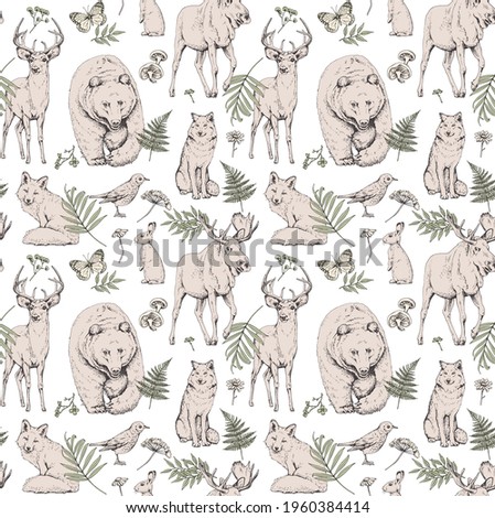 Wallpaper seamless pattern. Bear and forest animals with nature elements. Textile composition, hand drawn style print. Vector illustration.