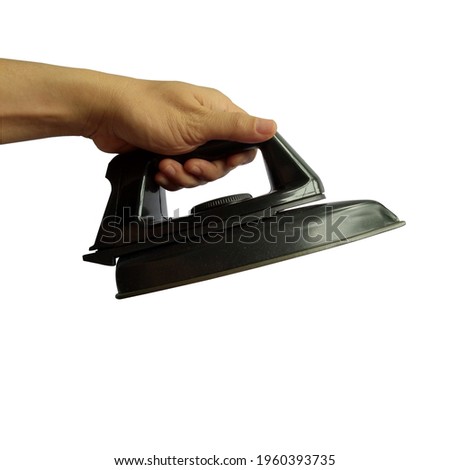 Man Hand holding an iron isolated on a white background 