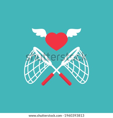 Crossed Butterfly nets with heart. Catch, hunt, chase popularity or sympathy. Achieve love or dreams concept.  Vector illustration isolated on blue background. 
