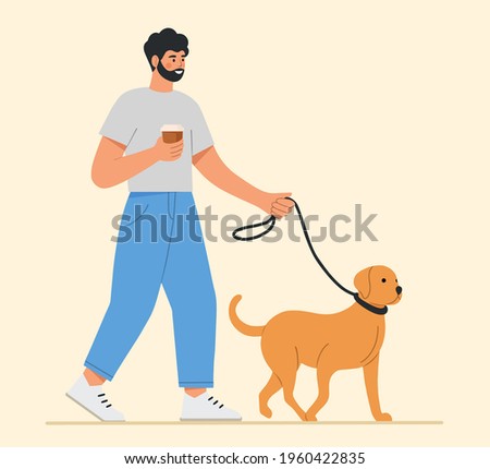 Young man walking with his cute dog. Happy pet owner. Adorable labrador retriever. Flat vector illustration. 