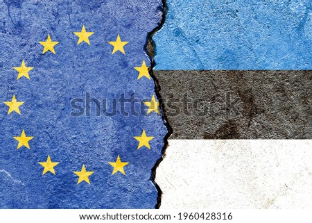 Grunge EU VS Estonia national flags icon pattern isolated on broken cracked wall background, abstract international political relationship friendship divided conflicts concept texture wallpaper